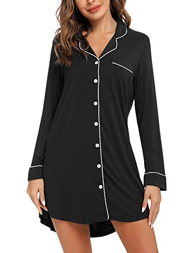 Anjue Long Sleeve Button Down Pajama Nightgowns for Women - color: 101black, size: Large