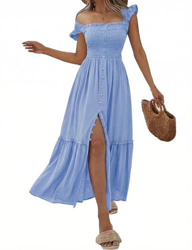 Women Summer Casual Midi Dress Square Neck Button Down Smocked Ruffle Strap Flowy Split Beach Sundress Pockets - color: Light Blue, size: Medium