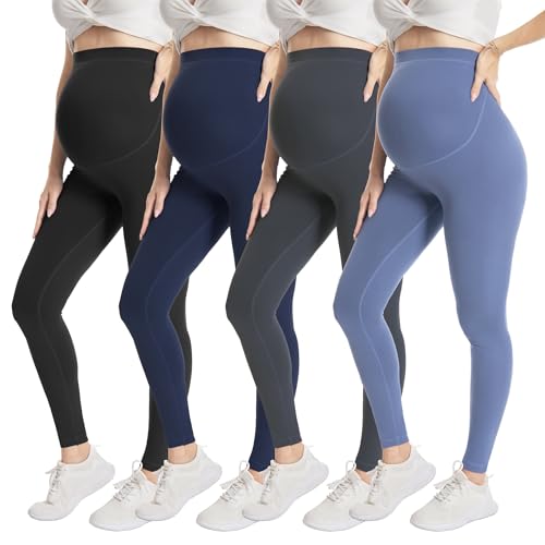 Over‑Belly Maternity Leggings, Soft Stretch Yoga Pants - color: 4 Packs-black/Dark Grey/Navy Blue/Blue, size: Medium