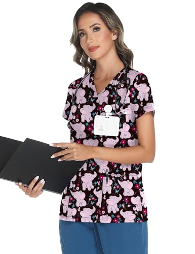 LOMON Women's V Neck Printed Scrub Top with 3 Pockets - color: Elephant, size: 3X-Large
