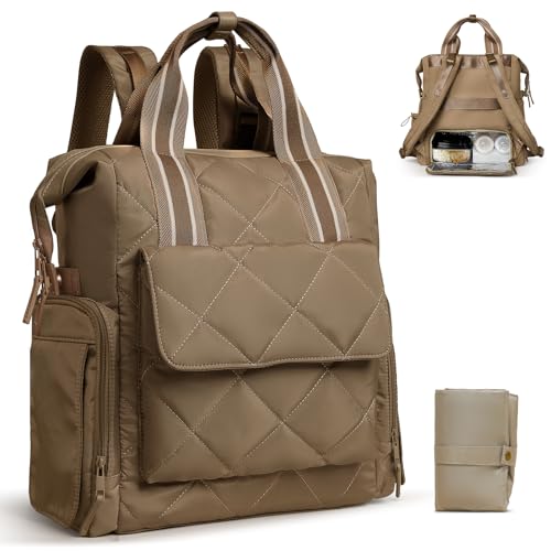 Omanmoli Diaper Bag Backpack Quilted Baby Bag Travel Breast Pump Backpack - color: Brown