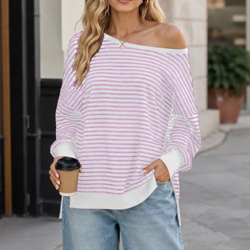 Fall Tops for Women 2026 off Shoulder Striped Top Long Sleeve Pullover Tops - color: Pink, size: Small