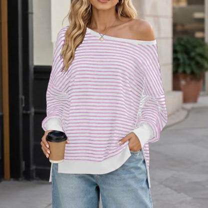 Fall Tops for Women 2026 off Shoulder Striped Top Long Sleeve Pullover Tops - color: Pink, size: Small