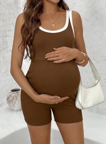 BLENCOT Maternity Stretchy Romper Summer Sleeveless Round Neck Jumpsuit - color: Brown, size: Medium