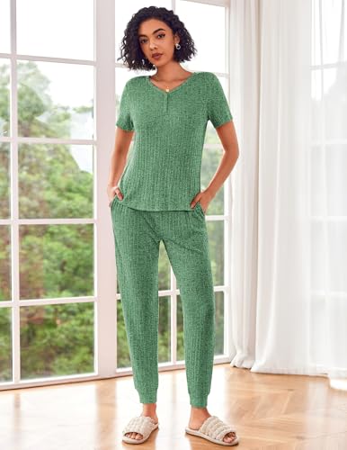 Ekouaer Pajama Sets for Womens 2 Piece Jogger Pants Lounge Set - color: Green, size: Small