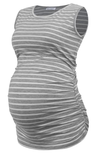 Smallshow Women's Maternity Tank Tops Sleeveless Ruched Pregnancy Clothes 3-Pack - color: Black/Light Grey/Grey Stripe, size: Medium