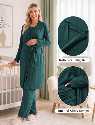 Women 3PCS Maternity Robe Sets Nursing Pajamas Postpartum Breastfeeding Pjs - color: Lake Green, size: Large