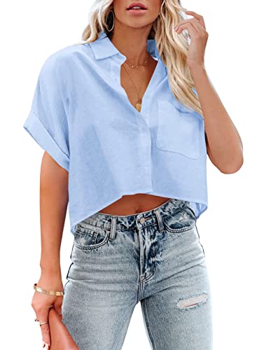 LAYOGAS Womens Crop Button Down Shirts Casual Long Sleeve Lapel Blouse - color: 15-light Blue, size: Large