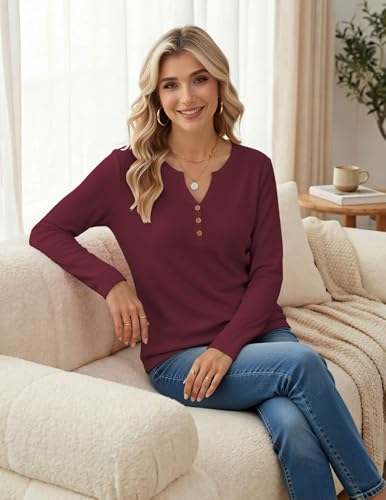 Zeagoo Women's Long Sleeve Waffle Knit Tops 2026 Fall Henley V Neck Shirts - color: Dark Red, size: Small