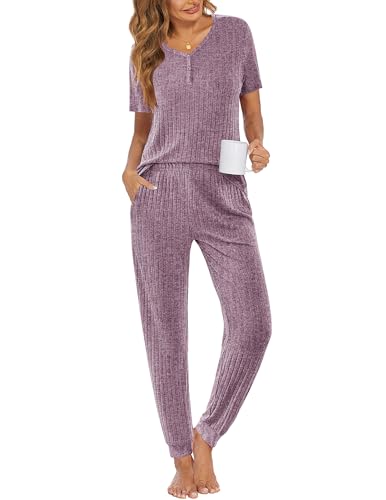 Ekouaer Pajama Sets for Womens 2 Piece Jogger Pants Lounge Set - color: Purple, size: X-Large