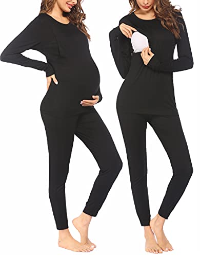 Ekouaer Nursing Pajamas Set Long Sleeve Maternity Clothes Thermal Underwear - color: Black, size: Large