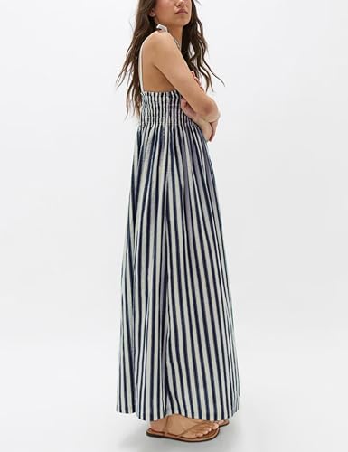 Lentta Women's Striped Smocked Maxi Dress Causal Spaghetti Strap Stretchy Flowy Swing Long Dress with Pockets - color: Navy, size: Medium