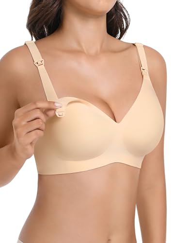 Maternity Nursing Bras Wireless Seamless Ultra-Soft Comfort for Breastfeeding Pregnancy Easy One-Handed Access Sleep Bra - color: Beige, size: X-Large
