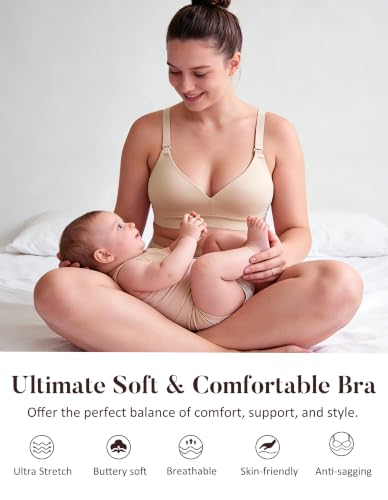 AIRCUTE Nursing Bras for Breastfeeding Seamless Postpartum Bra Soft Pregnancy Bra Wireless Maternity Bralette - color: Beige, size: Medium