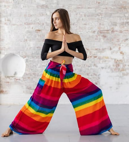 B BANGKOK PANTS Women's Boho Palazzo Pants - color: Rainbow, size: One Size