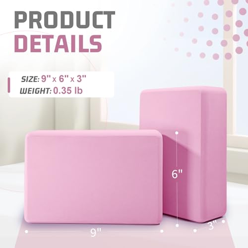 biguphate 2 Pack Yoga Blocks, 3"x6"x9" Rounded Edges Non-Slip, Yoha Bricks - color: Light Pink
