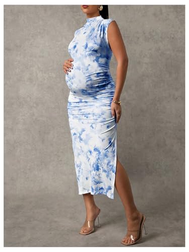 OYOANGLE Women's Maternity Floral Mock Neck Ruched Midi Dress - color: Blue, size: Medium