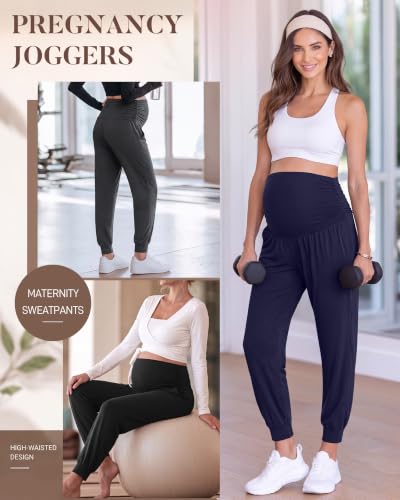 Neer 3 Pack Maternity Joggers Lounge Sweatpants with Pockets - color: Black, Dark Heather Gray, Navy Blue, size: Medium