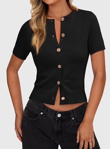 PRETTYGARDEN Womens Summer Cardigan Short Sleeve Sweater - color: Black, size: X-Large