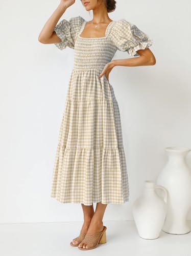 ZESICA Women's Summer Boho Gingham Puff Sleeve Square Neck Beach Midi Dress - color: Beige, size: Medium