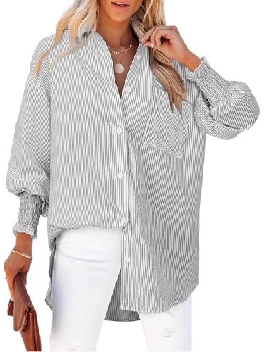 Womens Striped Oversized Button Down Shirts Long Sleeve Blouse Top - color: 1-black Striped, size: X-Large