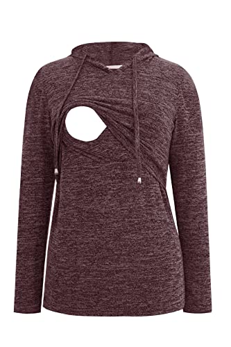 Smallshow Women's Nursing Tops Long Sleeve Breastfeeding Hoodie - color: Wine, size: Small
