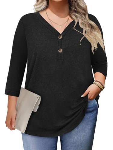 Womens Summer Plus Size 3/4 Length Sleeve Tops Button Down Shirts L-4XL - color: Black, size: XX-Large