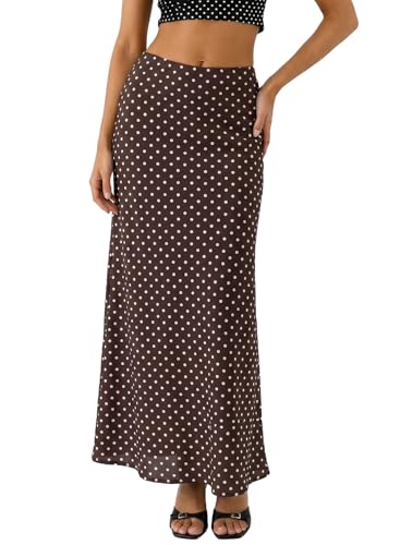 BLENCOT Womens High Waisted Long Mesh Polka Dot Maxi Skirt - color: Brown Dot, size: Medium