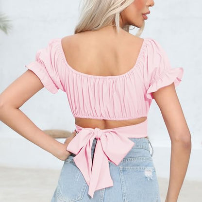 Women's Crop Tops Ruffle Short Sleeve Tie Back Off Shoulder Blouse - color: Baby Pink, size: X-Large