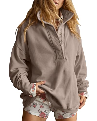 Gacaky Sweatshirt for Women Oversized Henley Neck Pullover Top Fall Outfits - color: Coffeegrey, size: XX-Large