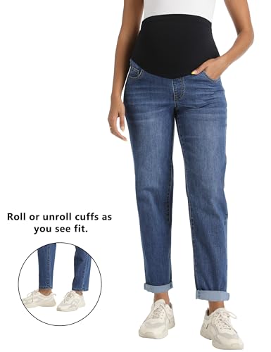 Foucome Maternity Boyfriend Jeans Over Belly Denim Pants - color: Dark Blue, size: X-Large