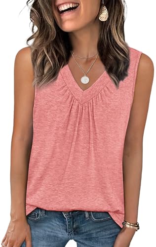 OFEEFAN Tank Top for Women Loose Fit Sleeveless Shirts V Neck Summer Clothes Ruched Women's Tees and Tanks Curved Hem - color: Coral, size: X-Large