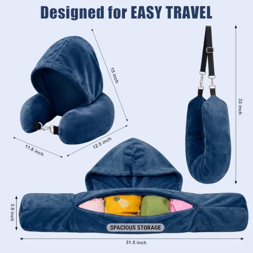 Stuffable Travel Neck Pillow with Hood, Soft Velvet Fabric,Blue - size: Type F