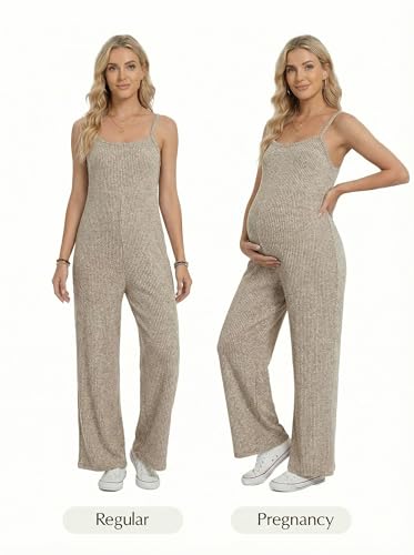 BLENCOT Maternity Ribbed Jumpsuit Stretchy One Piece Wide Leg Romper - color: Apricot, size: Medium