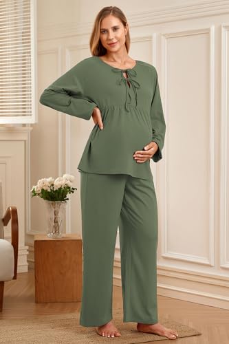 OUGES Womens Cotton Blend Maternity Pajama Sets Tie Front Loungewear Pregnancy Sleepwear Top & Long Pants with Pockets - color: Army Green, size: Small