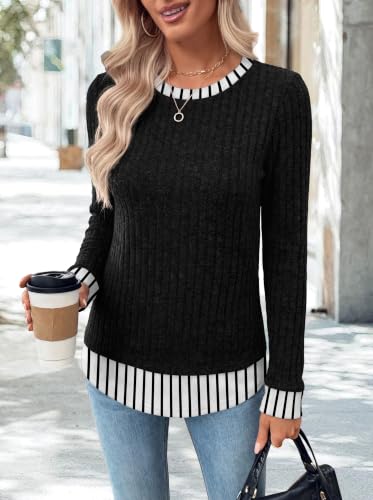WIHOLL Womens Long Sleeve Shirts Fall Outfits Lightweight Sweaters 2026 - color: Black-striped, size: Medium