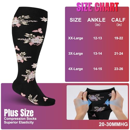 bropite Plus Size Compression Socks For Women&Men,Wide Calf Knee High Socks - color: 09 4 B-p-w-b Flower Plus, size: 3X-Large