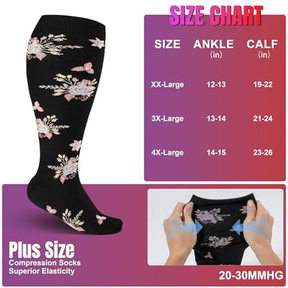 bropite Plus Size Compression Socks For Women&Men,Wide Calf Knee High Socks - color: 09 4 B-p-w-b Flower Plus, size: 4X-Large