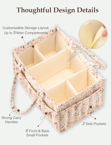 Quilted Diaper Caddy Organizer with Handle, Portable Nursery Storage Basket - color: Flower Leaf