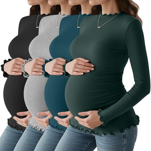 4 Pack Women Maternity Side Ruched Long Sleeve Shirts - color: Dark Green, Teal, Light Gray, Black, size: Medium