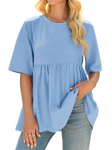 Cicy Bell Womens Babydoll Tops Plus Size Tunic Summer Flowy Peplum Shirts - color: Light Blue, size: Medium