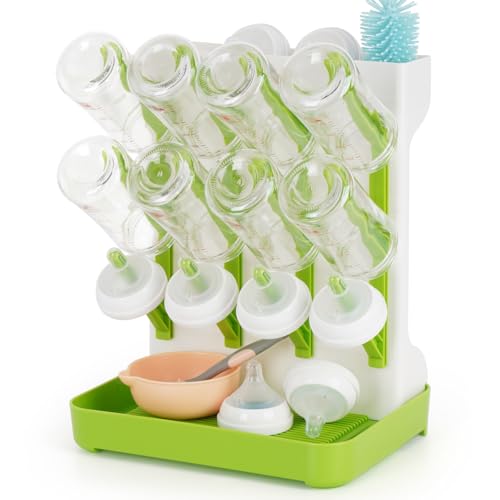 Baby Bottle Drying Rack, Space Saving Baby Bottle Organizer for Countertop, Vertical Bottle Dryer Holder with Brushes Holder, Large Bottle Storage Holder 12 Bottles & Baby Accessories Green