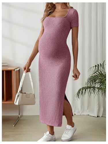 MakeMeChic Women's Maternity Baby Shower Dress Square Neck Bodycon Dresses - color: Hot Pink, size: Medium