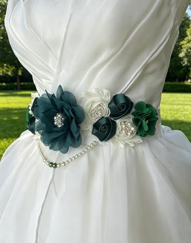 Handmade Baby Shower Sash Pearls Maternity Sash Flower Belt - color: Hunter