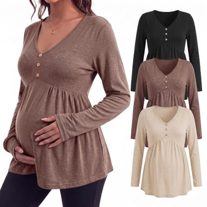 Cutecrop 3 Pack Maternity Long Sleeve V Neck Shirt - color: Black, Khaki, Apricot, size: Medium