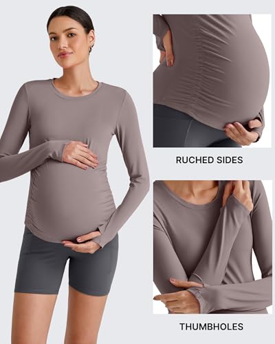 G4Free BareFeel Pregnancy Workout Tops Maternity Long Sleeve Shirts Ruches - color: Taupe, size: Medium
