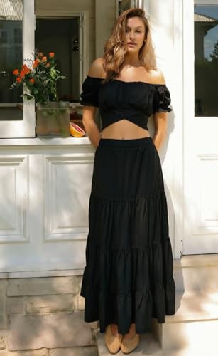 Womens 2 Piece Outfit Boho Summer Vacation Top Maxi Skirt Set - color: Black, size: Large