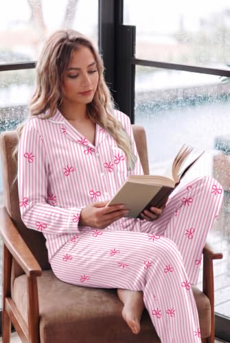 Ekouaer Womens Pajama Sets Long Sleeve Button Down 2 Piece Soft Pjs - color: Striped Bow-pink, size: X-Large