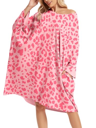 CRIPOM Plus Size Moo Moos for Women Oversized Sleep Shirts with Pockets - color: Pink Leopard