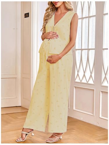 MakeMeChic Women's Maternity Summer 2 Piece Outfits Pregnancy Boho Vacation Striped Bow Top and Pants Set - color: Light Yellow, size: Medium